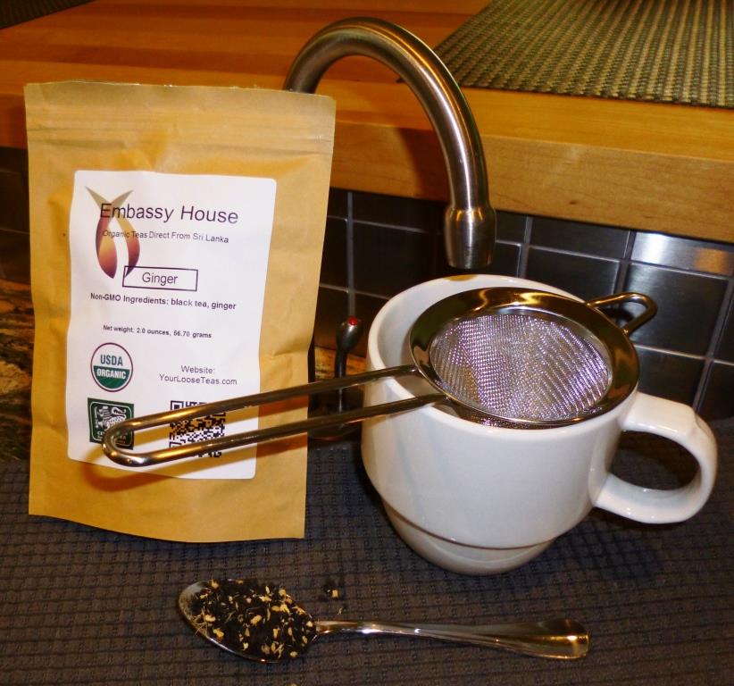 Ginger Organic Tea Brewing - One teaspoon full of tea, one tea strainer, one 12 ounce cup, one instant H2O hot water maker.